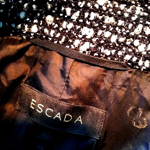 EXQUISITE ESCADA WOOL COTTON BLEND BLACK WHITE TWEED BOUCLE LACE SKIRT SUIT 10/8 - Picture 8 of 10